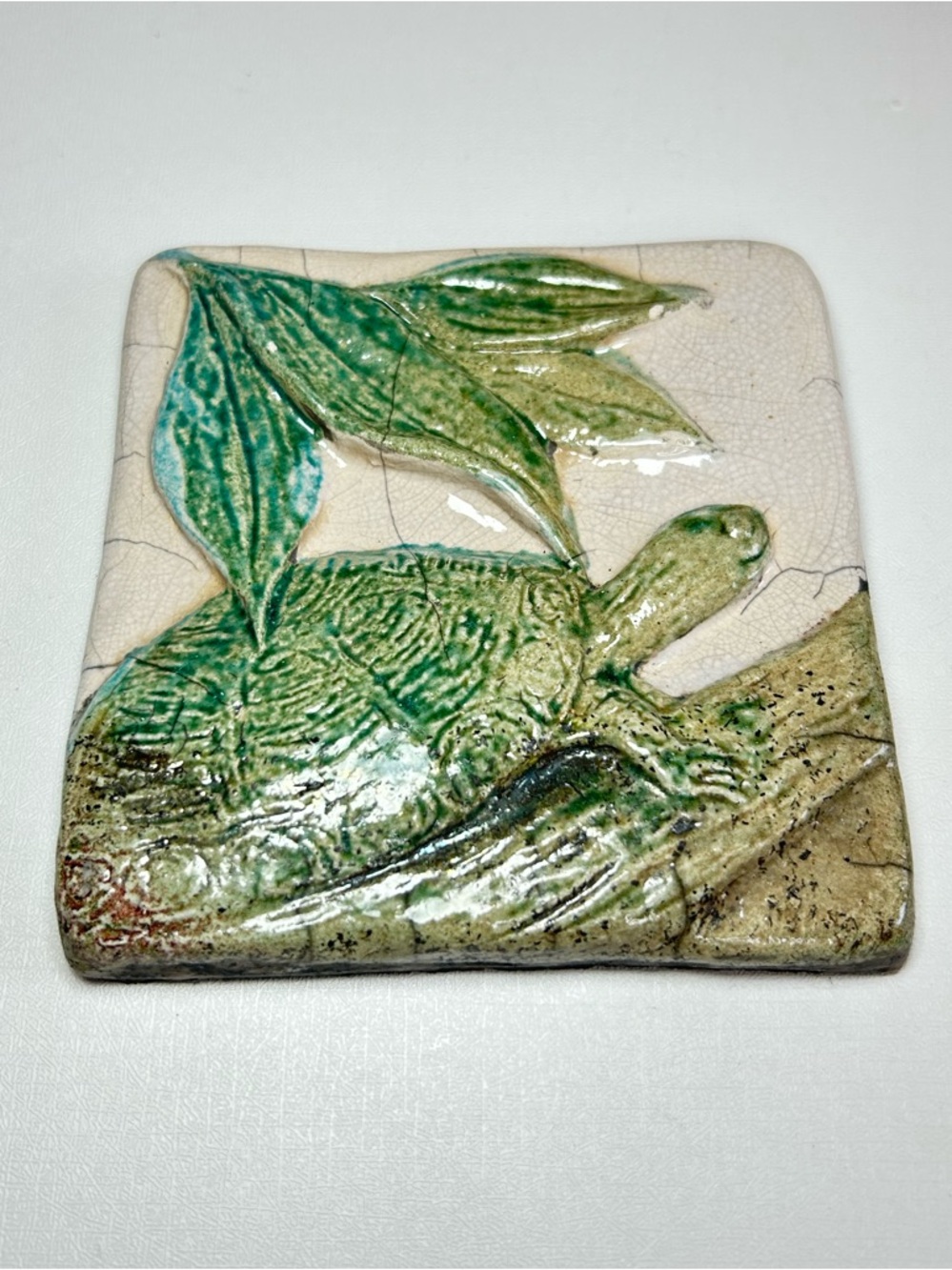 Artisan Signed Nancy Cannon Green Turtle Ceramic Raku Tile Decor 4x4